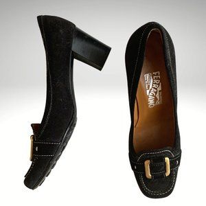 Salvatore Ferragamo black suede stacked heels square toe brass buckle 7 1/2 B